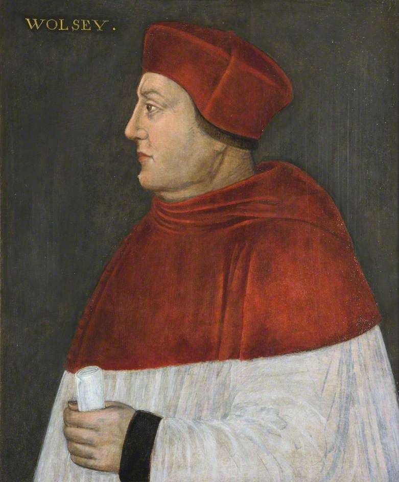 Portrait of Cardinal Wolsey of his left side. In red and white surplice and he has book in left hand