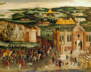 Painting of the Field of the Cloth of Gold 1545 showing huge pavilion built to look like a stone tower, pavilions in background and many figures of the 16th century