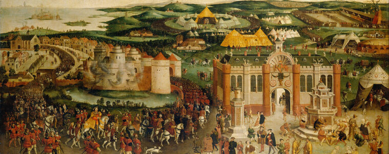 Painting of the Field of the Cloth of Gold 1545 showing huge pavilion built to look like a stone tower, pavilions in background and many figures of the 16th century
