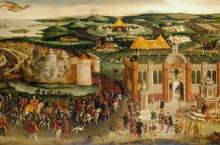 Painting of the Field of the Cloth of Gold 1545 showing huge pavilion built to look like a stone tower, pavilions in background and many figures of the 16th century