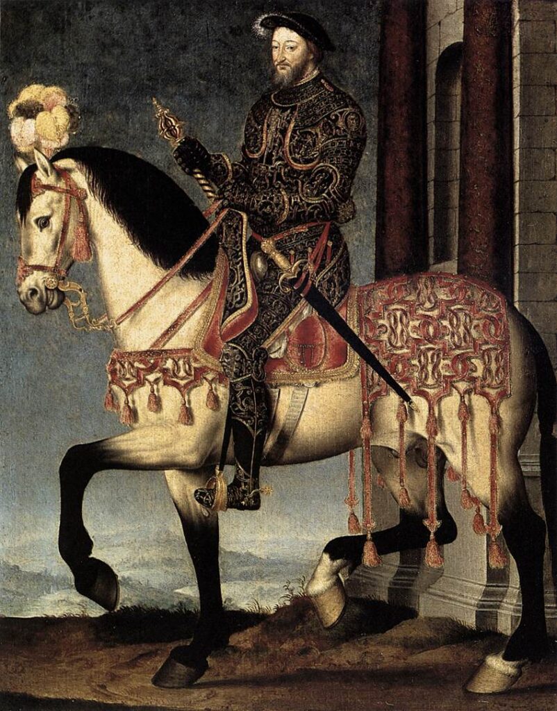 Portrait of François I by François Clouet in armour on horseback seen from side