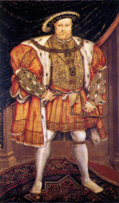 King Henry VIII portrait with him standing in splendid clothes with hand on hip