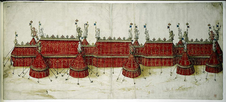 Picture of 16th century tent design with several tents shaped in cones with decoration on top with red fabric like at the Field of the Cloth of Gold