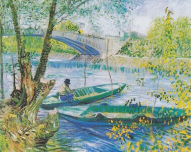 Van Gogh's painting of Fishermen and boat from Pont de Clichy from bank showing river with two green punts in water and man in one of them fishing; tree to left and bridge in background