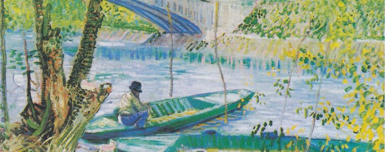Van Gogh's painting of Fishermen and boat from Pont de Clichy from bank showing river with two green punts in water and man in one of them fishing; tree to left and bridge in background
