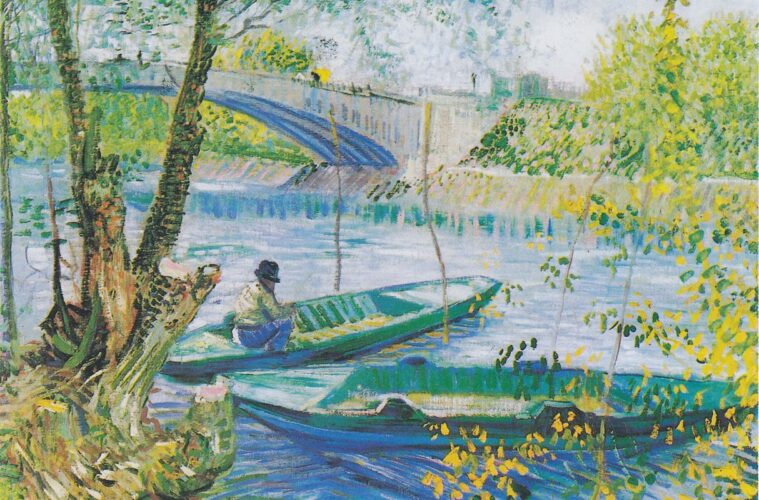 Van Gogh's painting of Fishermen and boat from Pont de Clichy from bank showing river with two green punts in water and man in one of them fishing; tree to left and bridge in background