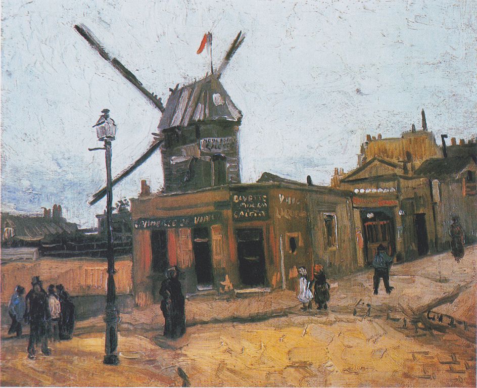 Van Gogh's Le Moulin de la Galette showing hill with mill on it and flag at top from back. Building around mill, lamp to left and people