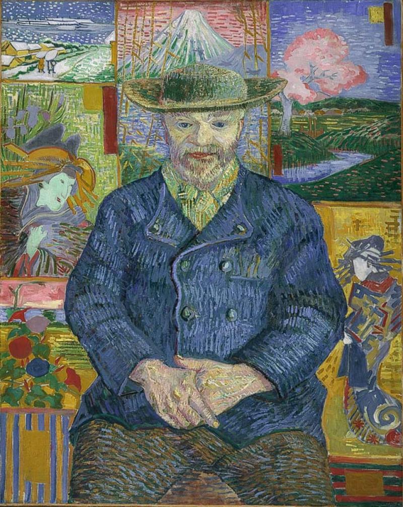 Portrait of Pere Tanguy by Van Gogh showing the art supplier and dealer in middle of image in blue with Japanes hat and Japanese art on walls behind him like kabuki actors
