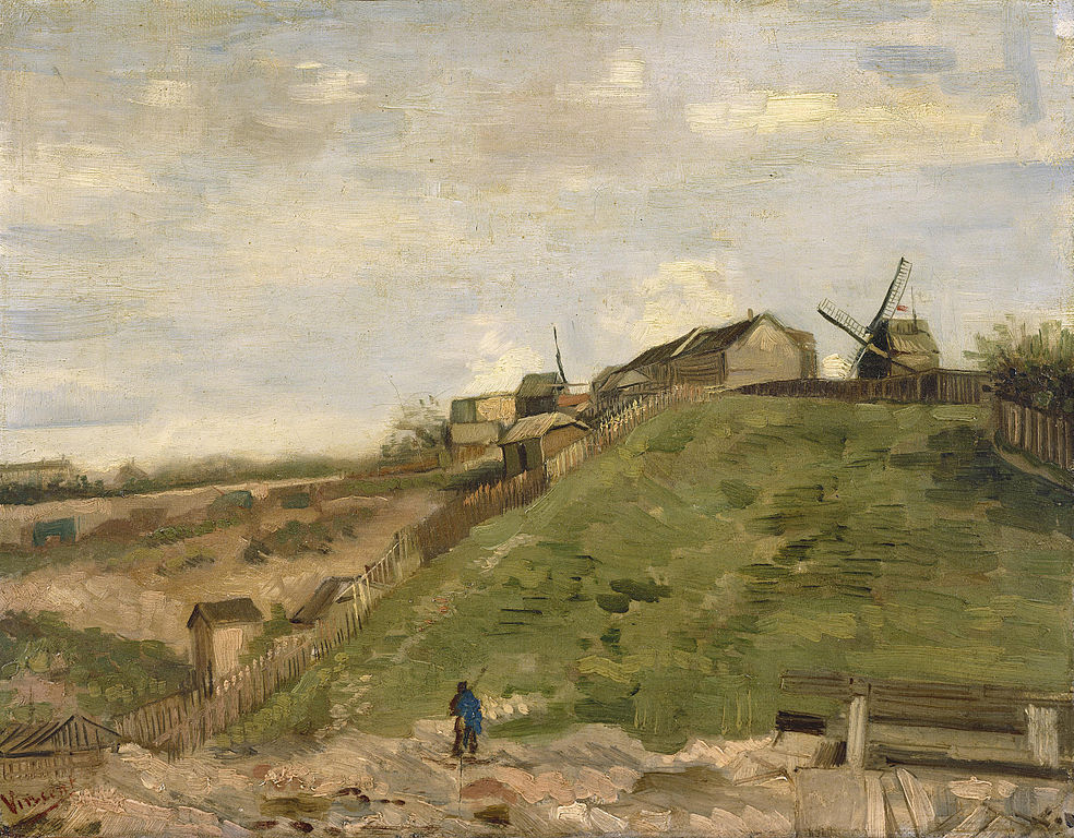 Van Gogh: view of hill of Montmartre showing hill with windmill on top, grassy hill leading up to building sna mill and looking like a country scene