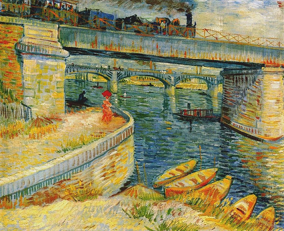 Van Gogh: Bridges across the Seine showing jetty with punts moored, higher spot behind with woman standing, river and bridge with train going over in background