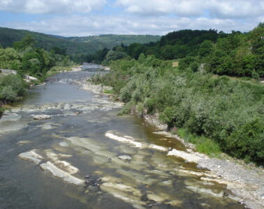 Looking down onto the Loire, with shallow rapids and bankd on two sides at Coubon