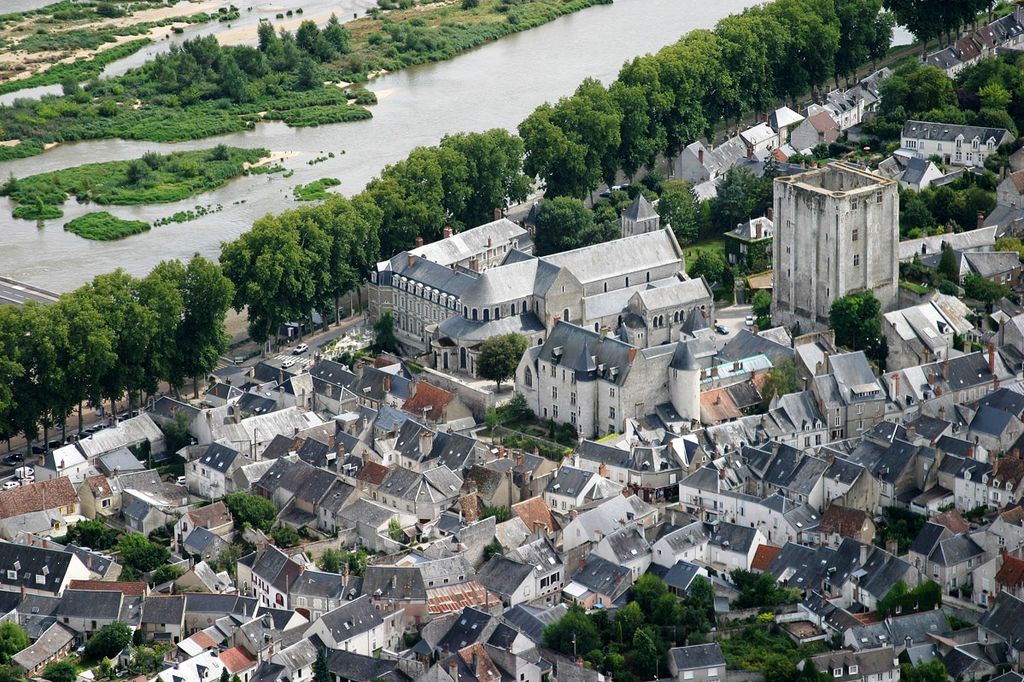 Aerial view of Beaugency in Loire Valley showing river at top with tree lined banks and town on bank with big square medieval tower, church and many grey roofs