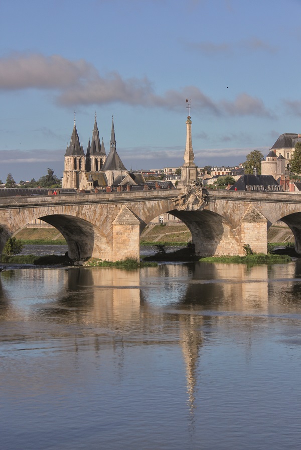 Blois from Loire river showing stone bridge reflected in water and towers of Blois chateau and building of Blois behind