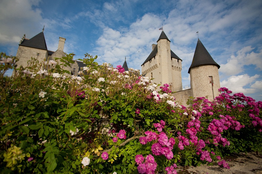 Chateau de Rivau Loire Valley from garden with red roses below chateau. Chateau in white stone is in background against cloudy blue sky