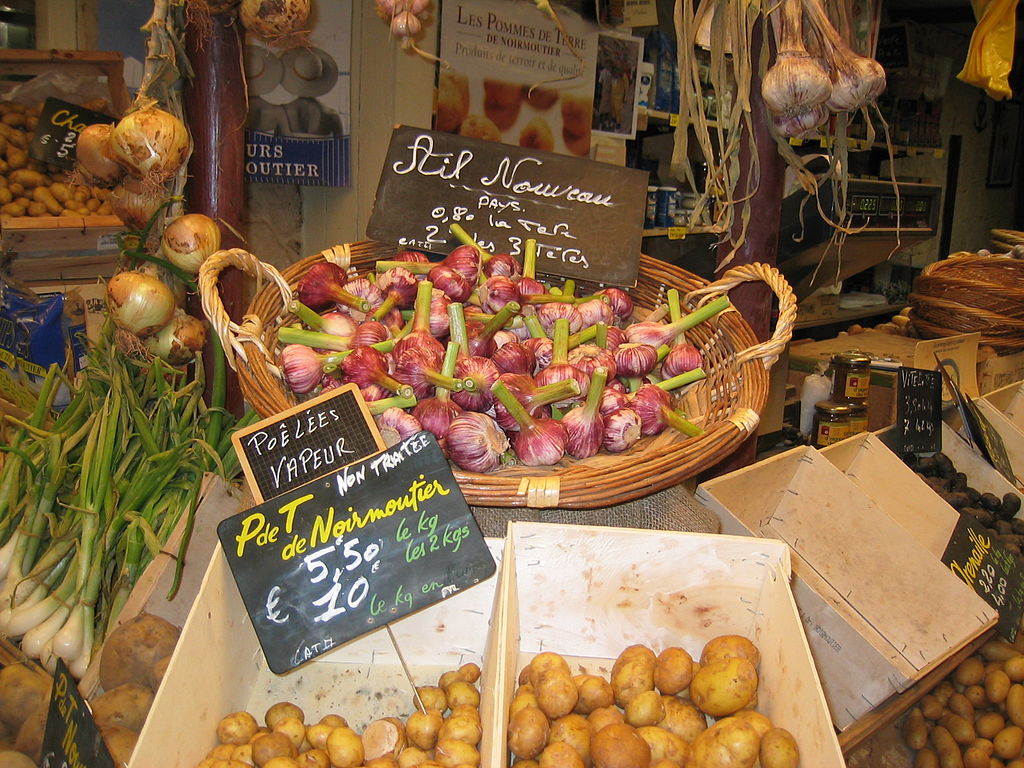 Baskets of potatoes on sale with Noirmoutier potatoes from the island in the Vendee most expensive