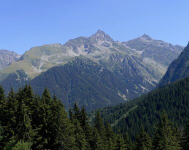 Long view of Belledone range in Isere showing dark woods, rolling muntains behind and blue sky in summer