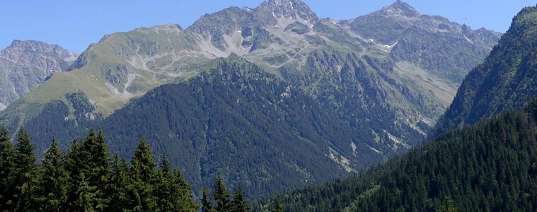 Long view of Belledone range in Isere showing dark woods, rolling muntains behind and blue sky in summer