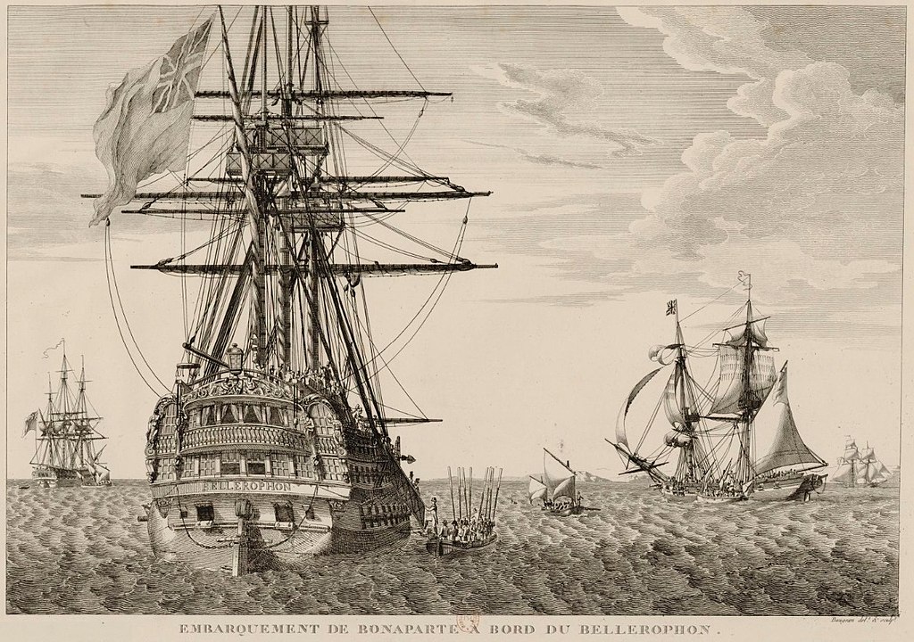 Black and white print of Napoleon on Bellerophon showing back of ship sailing off and another in distance
