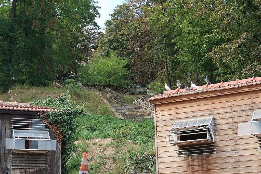 Two huts in foreground with pigeons on roof and behind the 100 steps ladder at Mont Valerian