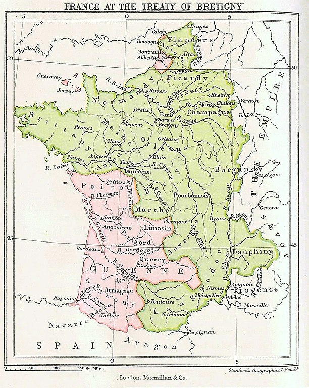 Map of France in 1360 showing English and French posessions with Englishones on west coast