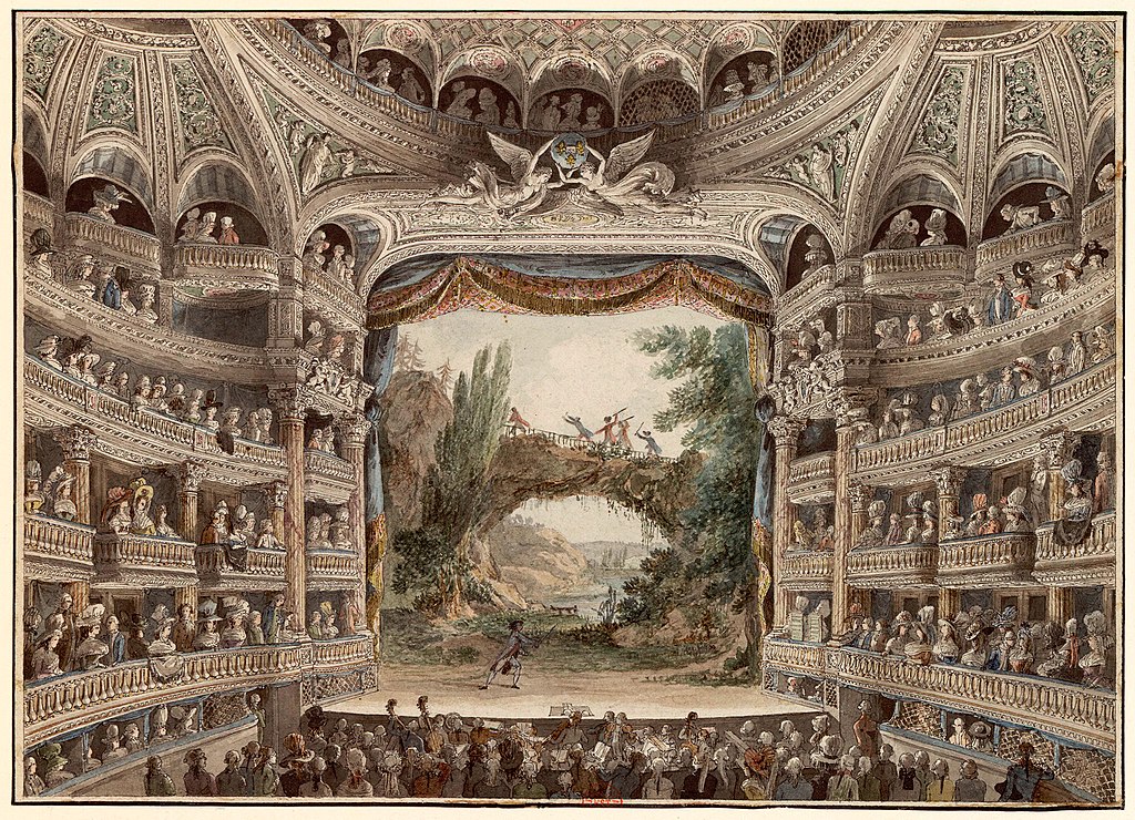 Comédie Française Paris print showing huge theatre with tiered boxes on either side of large stage