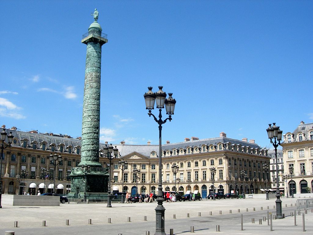 Napoleon's Paris Vendome Place and column in Paris showing spacious square with neo-classical buildings on one side, column topped by Napoleon and lamppost in front