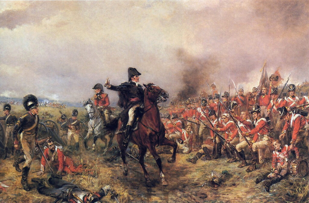 Wellington at Waterloo by Robert Hillingford showing Wellington in black dress with cocked hat on horse encouraging foot soldiers fighting in front of him