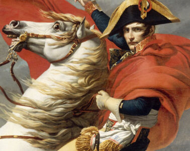 Detail of David's Portrait of Napoleon crossing the Alps. Napoleon on white horse with red cloak and waving with