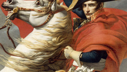 Detail of David's Portrait of Napoleon crossing the Alps. Napoleon on white horse with red cloak and waving with