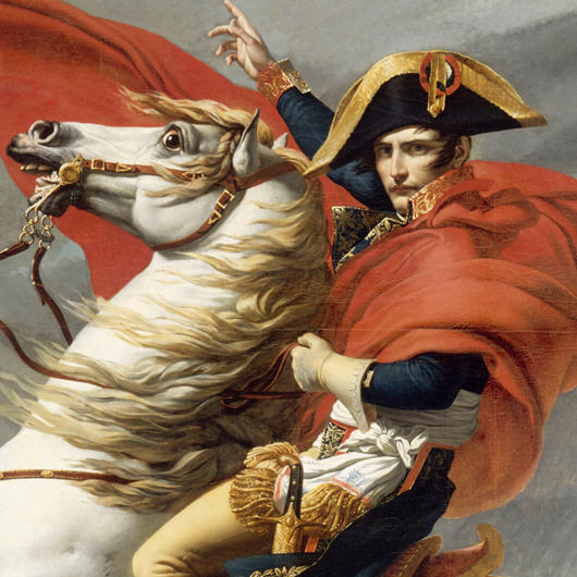 Detail of David's Portrait of Napoleon crossing the Alps. Napoleon on white horse with red cloak and waving  with 