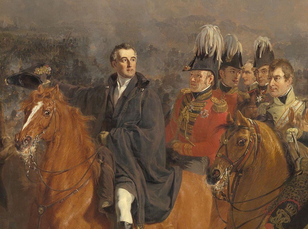 Battle of Waterloo with Wellington hatless, on horse and generals in uniform with hats behind him