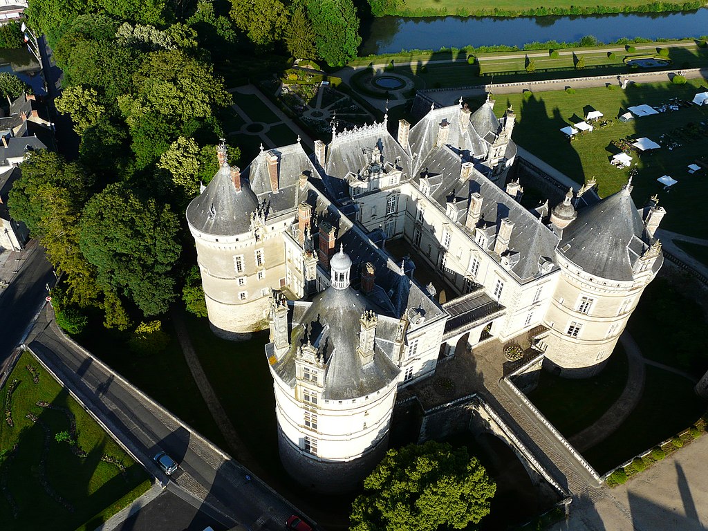 Aerial View of the Château du Lude with its towers, walls and courtyard in the Loir Valley