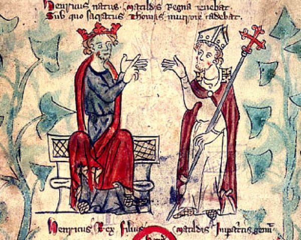 Old manuscript picture of Henry II and Thomas Becket with king on throne in read and black and Becket standing in robes and with mitrre on head