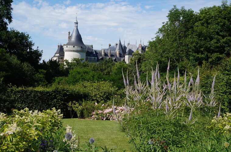 Chateau de chamont-sur-Loire with gardens in front with lawns, plants and hedges and turrets of the chateau peeking over the top in back