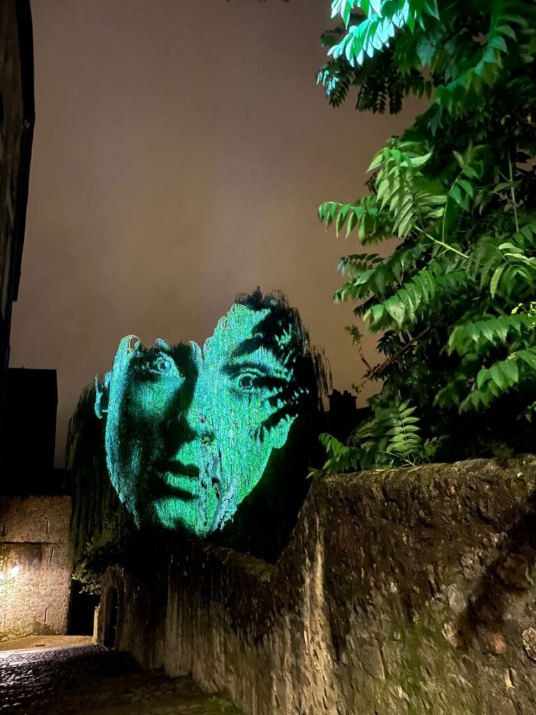 Le Mans illuminations at night whith huge face suspended above stone wall in green