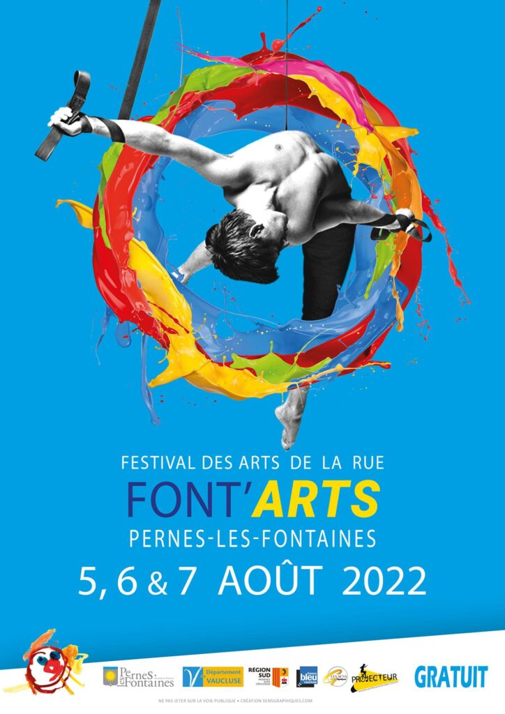 Font'Arts 2022 Festivalposter with blue background, wording and dates written on bottom and image of acrobat in the air flying with circle of coloured scarves around him