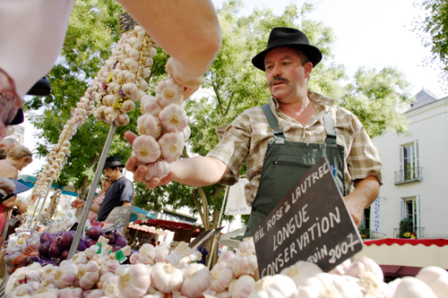 Garlic and Basil Fair with man in hat with moustache and apron pointing to huge bunchesof garlic hung up on his stall