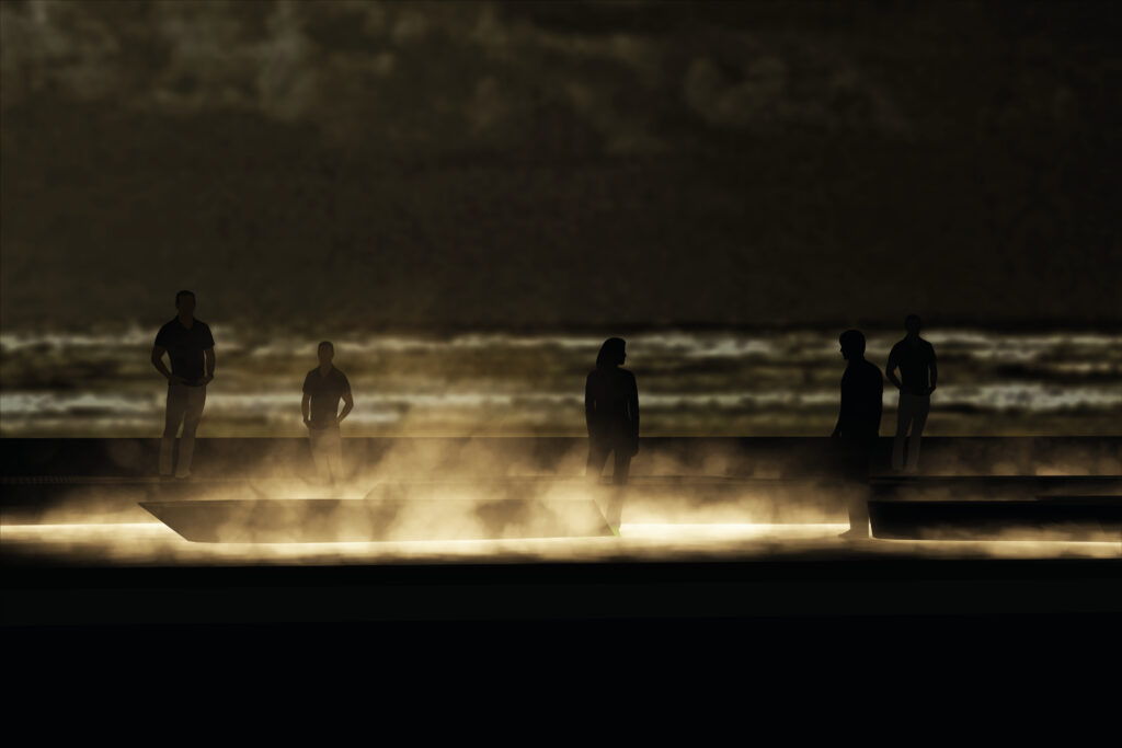 Avignon Festival with dark image of sand, spray and dark figures in the sea