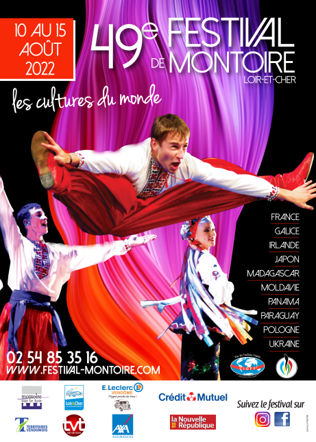 Poster of Montoire Festival 2022 showing dancer leaping in air with feet outstretched and hands on feet and others behind all in lilacs and reds