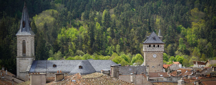 Looking over red tiled rooftops with round and square towers of Le Malzieu with wooded hills behind