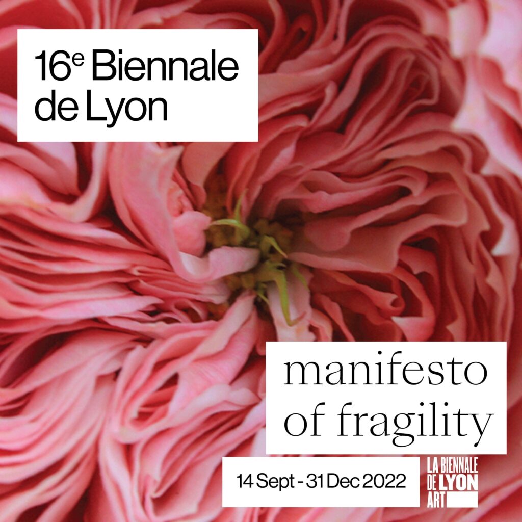 Poster for the 2022 Biennale de Lyon. title in lower case manifesto of fragility with swirling red shapes on background