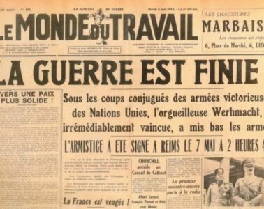 Frontpage of Le Monde du Travail, May 8, 1945 with headline in French The War is Finished