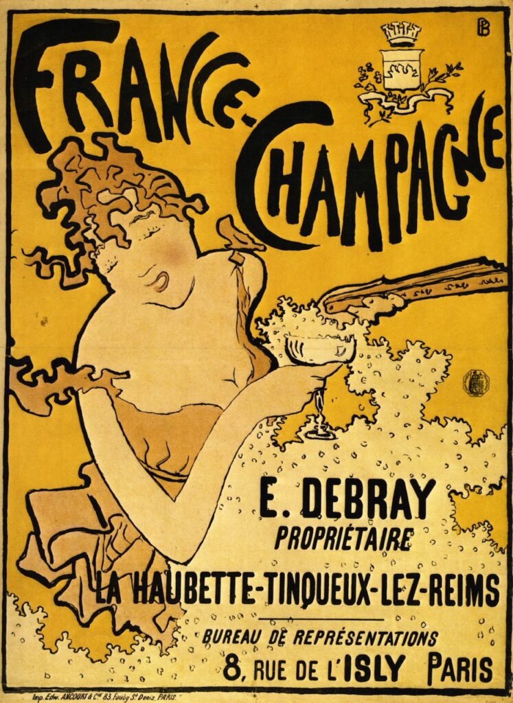 Pierre Bonnard poster France Champagne Lady in plunging dress dancing with glass of champagne E Debray letters and address below. Words in black on yellow and orange picture