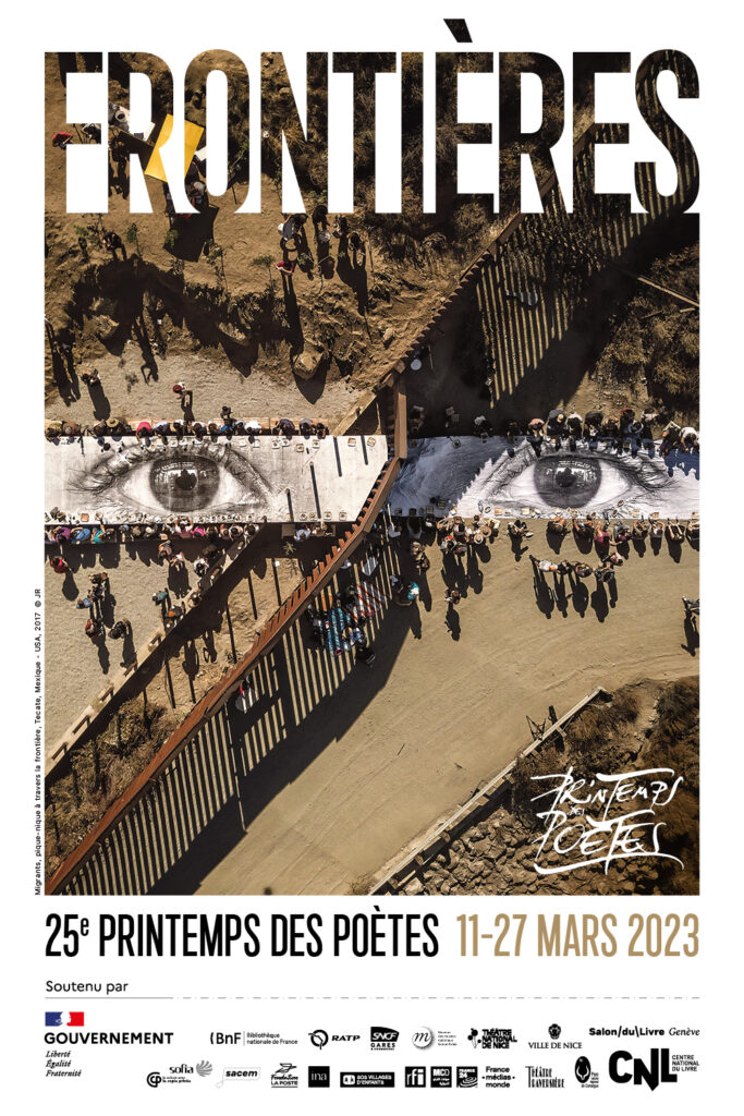 Printemps des poetes 2023 poster with twoeyes superimposedon fantasy background of bridge with people and words describing the festival