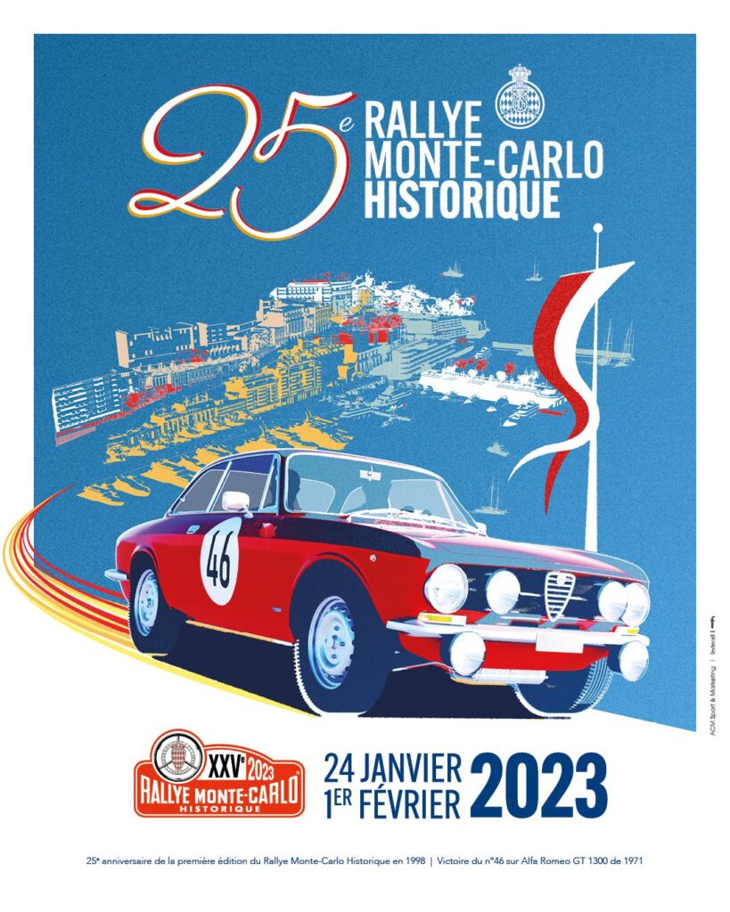 Poster of Rallye de Monte Carlo 2023 with fun old car on blue background and information about dates