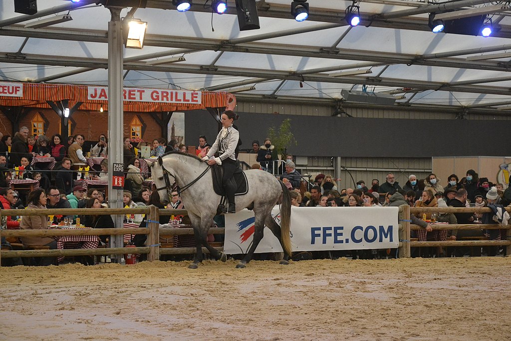 Cheval Passion Paris January Event 2023 with girld doing dressage on elegant grey horse in ring beside restaurant