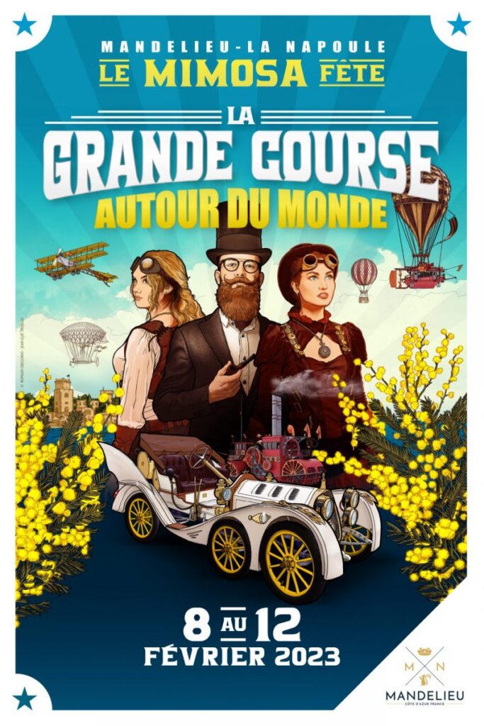Poster for Fête de Mimosa at Mandelieu with theme Grande Course Autour du Monde with one bearded man between 2 ladies in dress of 1920s withmimosas around