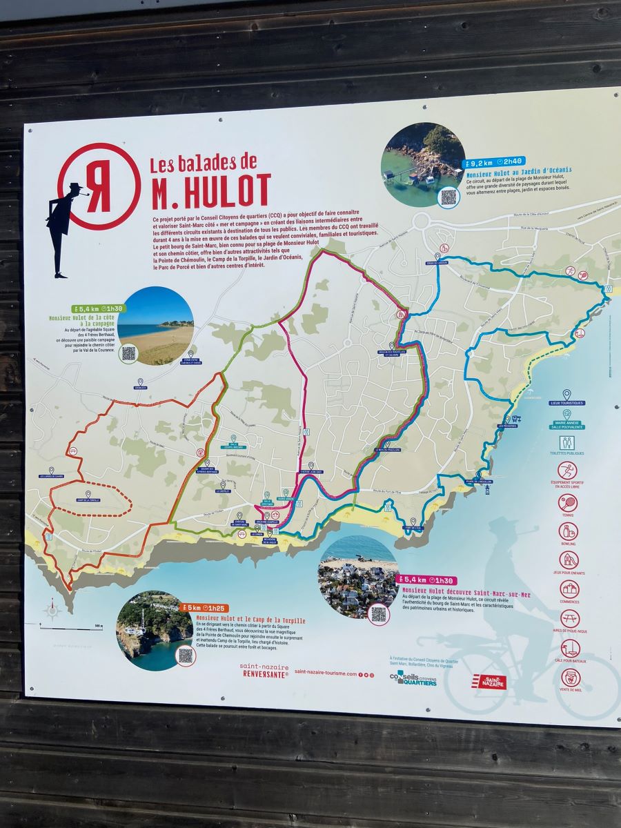 Board withmap of M Hulot's Walks in Saint-marc-sur-mer where the film was made