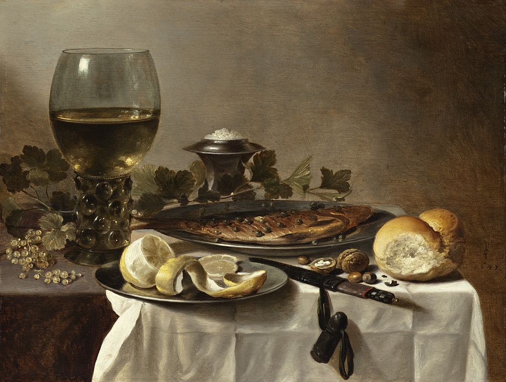 Still Life of 1647 with glass of red wine, bread, and herring on a plate