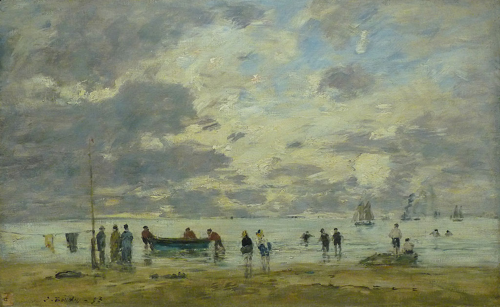 Eugene Boudin beach at Deauville with huge sky, small shore of sand and grass, and figures in water with boat